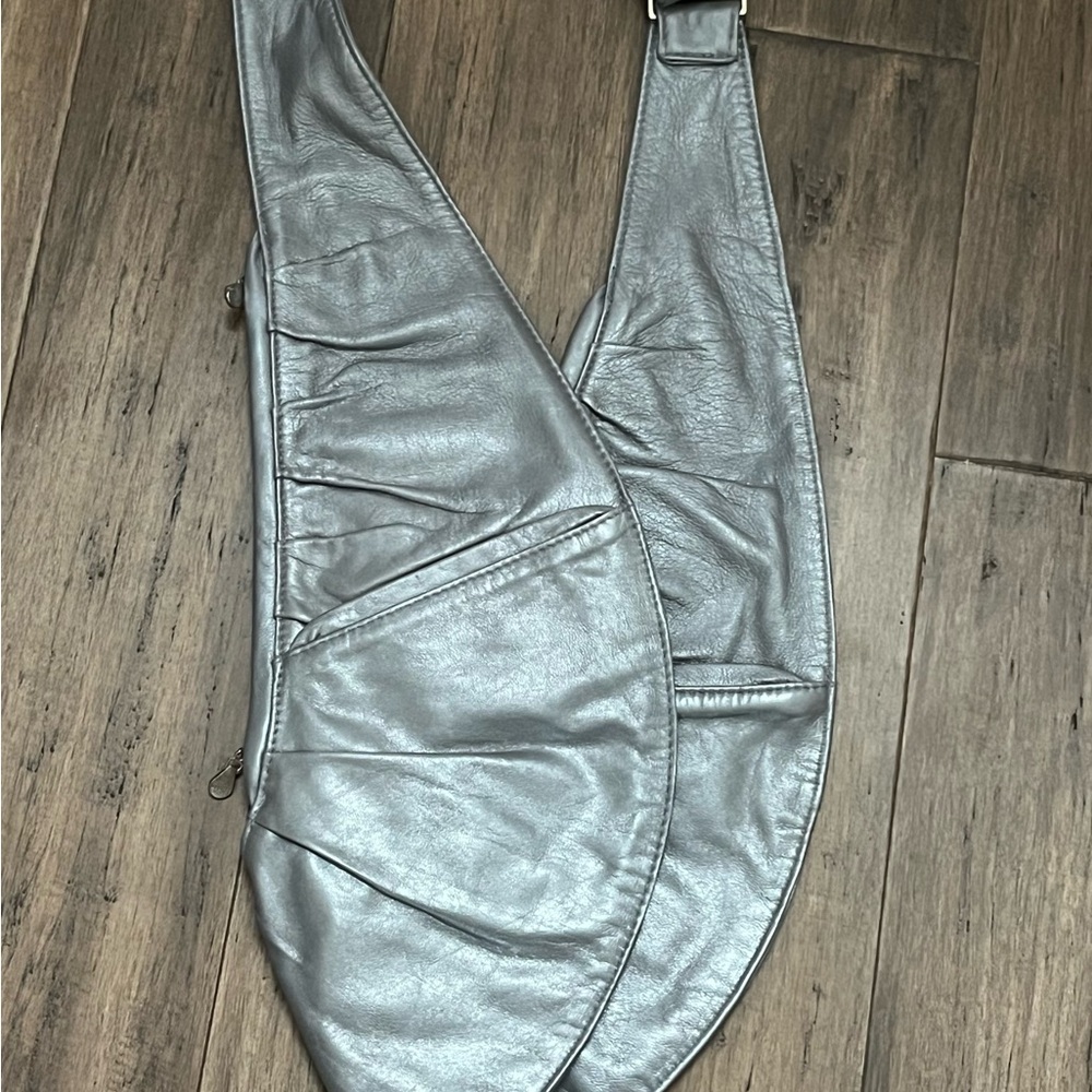 Make Offer! Sash Bag Crossbody Bag Shimmer Skies Blue Gray Leather Sling - Picture 9 of 14